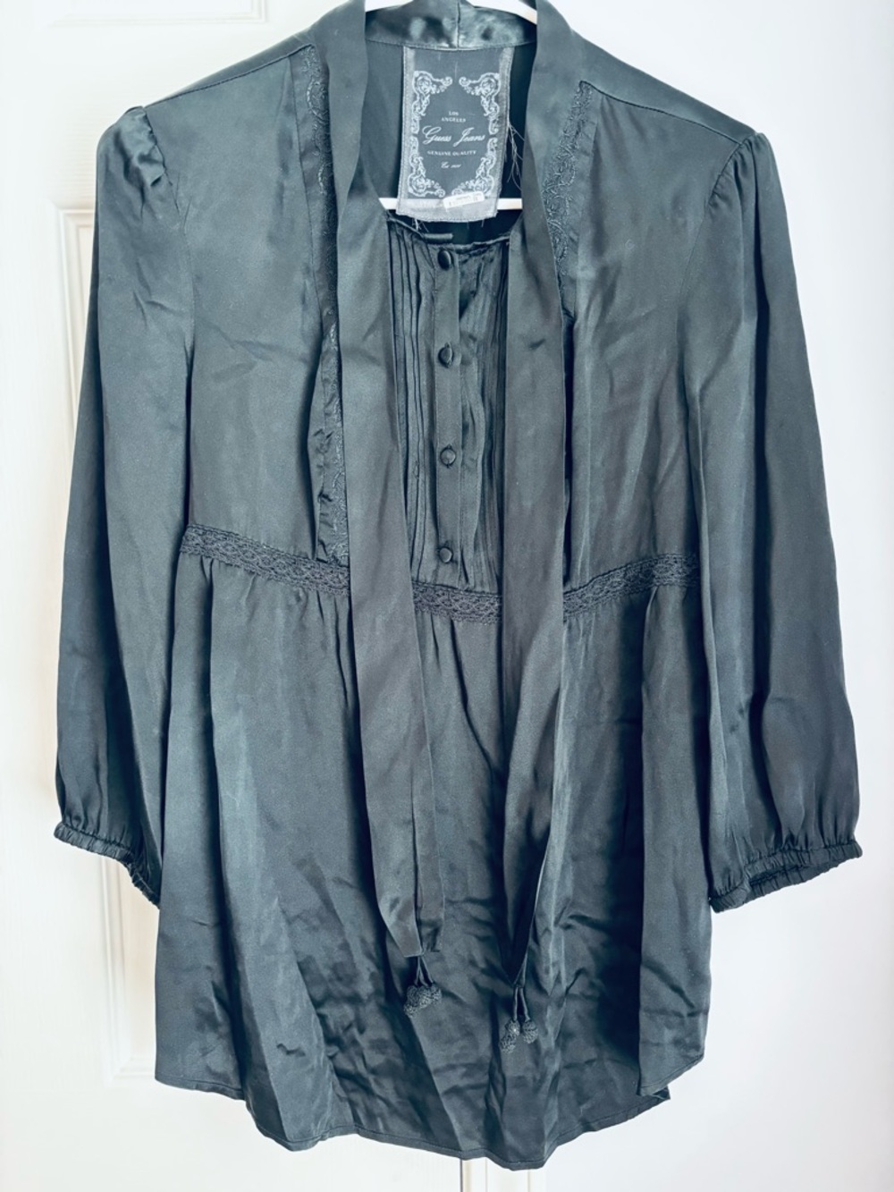 Guess Black Satin-Trim Button Blouse